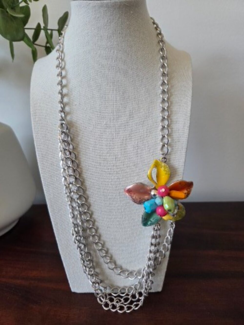 Vintage signed JJ enamel floral silver tone chain statement necklace